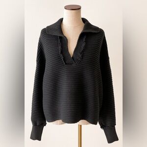 Free People Darcy Cropped Ribbed Sweater with Fringe Detail Oversized, Medium